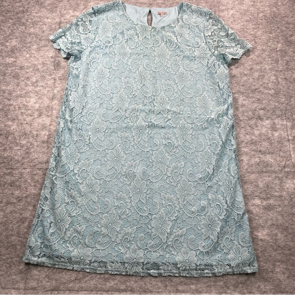 Juicy Couture Womens Blue Lace Floral Overlay Satin Short Sleeve Blouse‎ SZ XXL